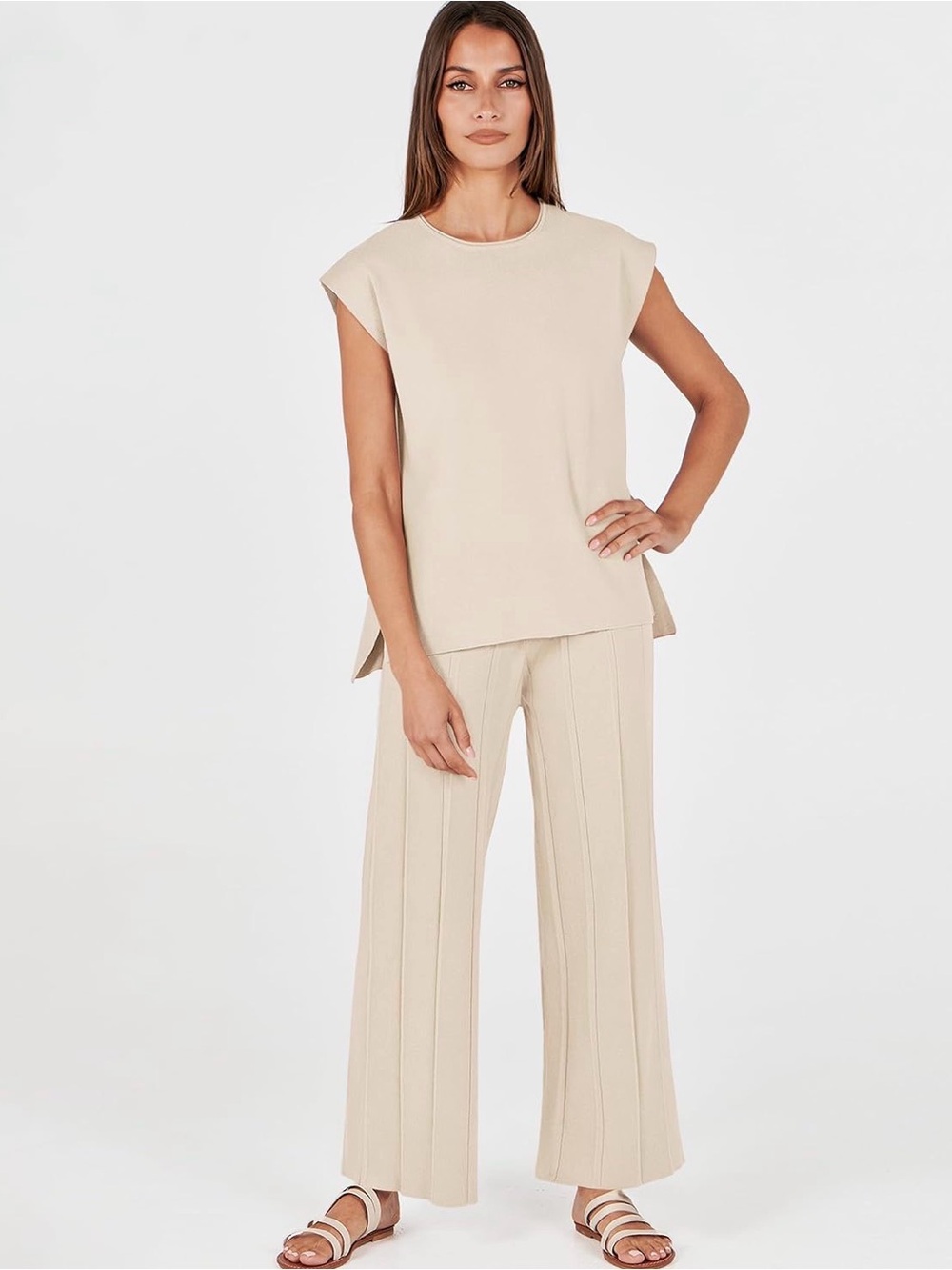 Relaxed Wide-Leg Knit Pants Set - Beige